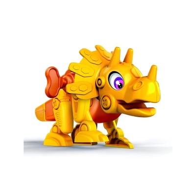Brinquedo amarelo e laranja em forma de dinossauro com olho grande colorido