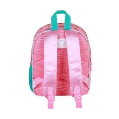 Mochila infantil rosa e verde vista de trás com alças acolchoadas.