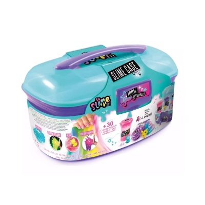 Caixa azul e roxa para armazenar slime com etiquetas coloridas