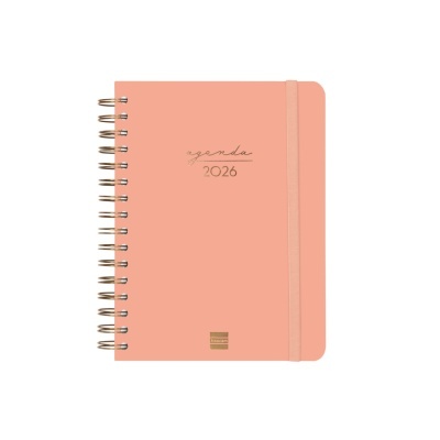 Agenda cor de pêssego com espiral dourada e elástico