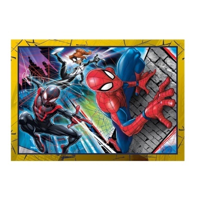 Tabuleiro de jogo Homem-Aranha com três personagens em ação e fundo urbano colorido