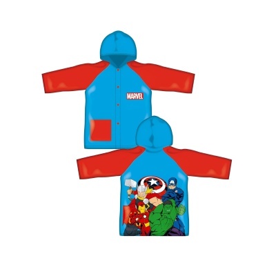 Casaco impermeável infantil azul e vermelho com logótipo MARVEL e estampagem dos Vingadores