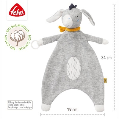 Brinquedo de peluche cinzento em forma de burro com laço amarelo e etiqueta Fehn