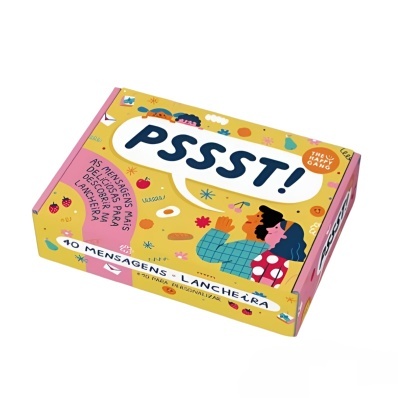 Caixa do jogo de cartas PSSST! colorida com ilustrações e textos promocionais.