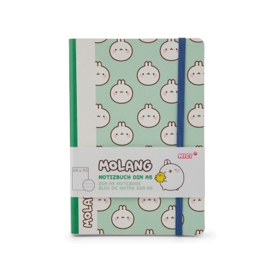 Caderno Molang DIN A5 com padrão de rosto do personagem e fecho elástico azul