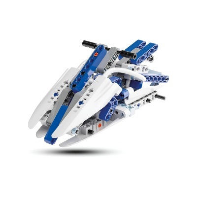 Brinquedo de construção azul, branco e cinzento com peças móveis