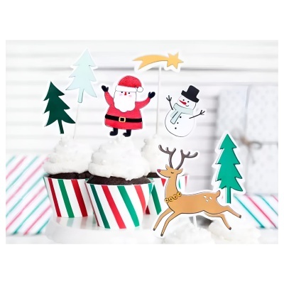 Cupcakes com decoração de Natal e toppers em papel de árvores, Pai Natal, boneco de neve, estrela e rena