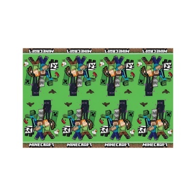 Tapete infantil verde com personagens do jogo Minecraft e texto MINECRAFT nas bordas