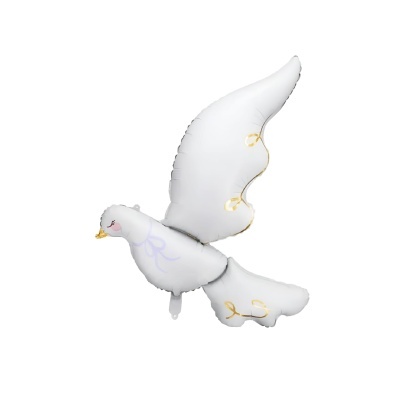 Balão branco em forma de pomba com detalhes dourados e olhos fechados