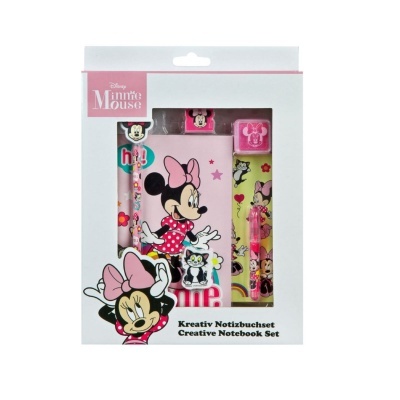 Conjunto criativo Disney Minnie Mouse com caderno, lápis, borrachas e régua rosa