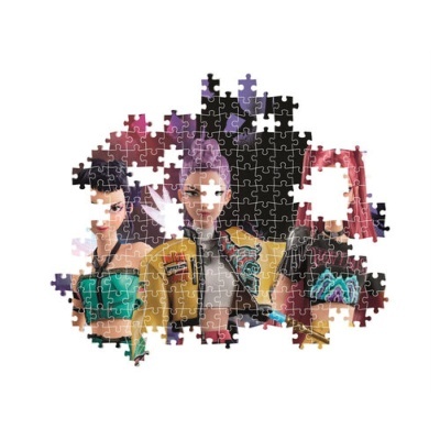 Puzzle com personagens femininas animadas com roupas coloridas e cabelo preto, roxo e vermelho