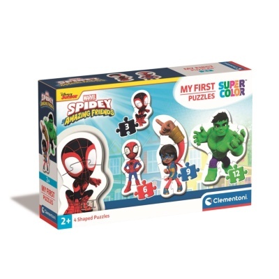Caixa de puzzles colorida para crianças com personagens Marvel Spidey, Ms. Marvel e Hulk.