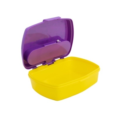 Recipiente de plástico amarelo com tampa roxa aberta