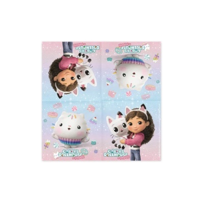 Guardanapo de papel com personagens de Gabbys Dollhouse em fundo rosa e azul