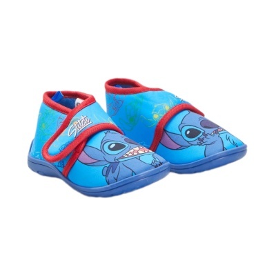 Pantufas infantis azuis com personagem Stitch e fecho de velcro vermelho