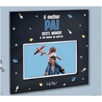 Moldura preta temática com texto para fotografia de pai e filho com fundo azul