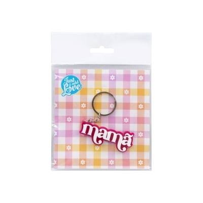 Chaveiro rosa com texto mamã em embalagem plástica com fundo quadriculado amarelo e rosa