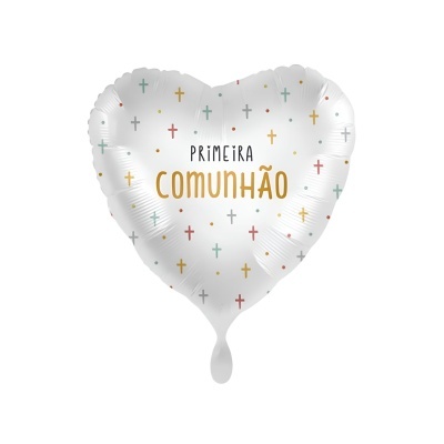 Balão branco em forma de coração com cruzes coloridas e texto PRIMEIRA COMUNHÃO