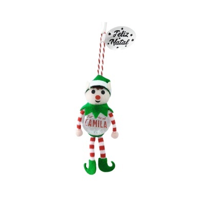 Boneco decorativo natalício vermelho, verde e branco com texto Feliz Natal CAMILA