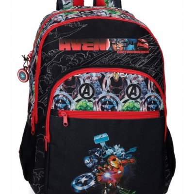 Mochila preta e vermelha dos Vingadores com estampas dos personagens