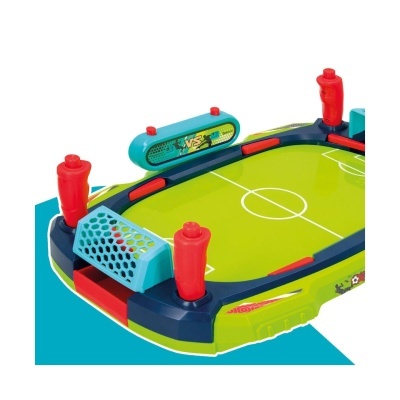 Jogo de mesa de futebol com botões vermelhos e golos azuis