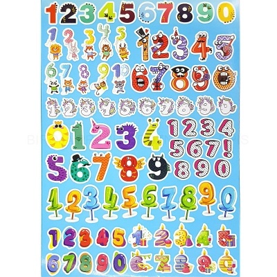 Folha de autocolantes com números coloridos variados em fundo azul