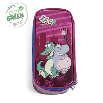 Estojo escolar roxo com ilustração de animais cartoon