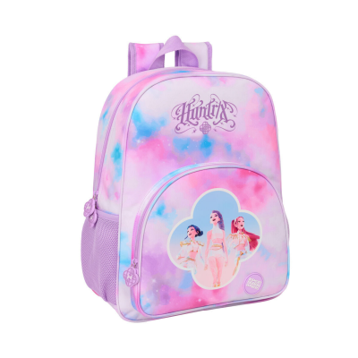 Mochila infantil tie-dye rosa lilás azul com bonecas e texto Huntix