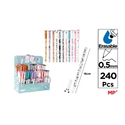 Conjunto de canetas apagáveis decoradas com padrões de animais, embalagem azul, 240 peças, ponta 0,5 mm.