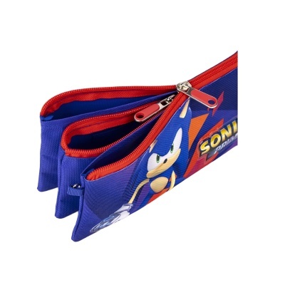 Estojo escolar azul com imagem do Sonic e fechos de correr vermelhos