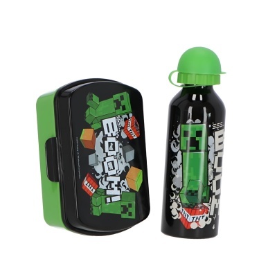 Estojo e garrafa de alumínio temática Minecraft com gráficos verdes e pretos