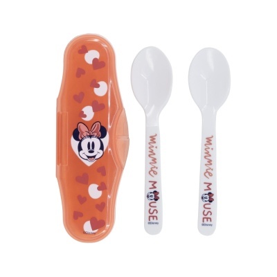 Conjunto de duas colheres brancas com estojo laranja decorado com Minnie e corações.