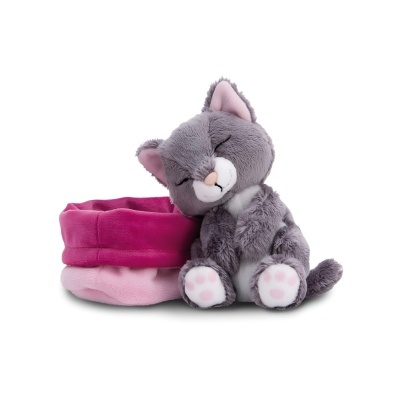 Pelúcia de gato cinzento com almofada rosa