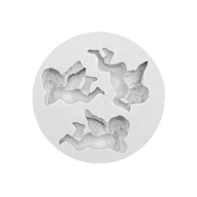 Molde de silicone branco com três anjinhos em relevo