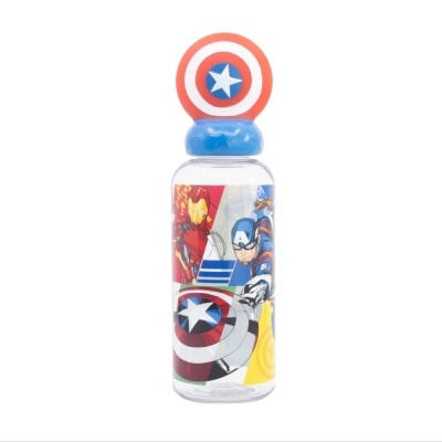 Garrafa transparente com personagens da Marvel e tampa azul com escudo do Capitão América