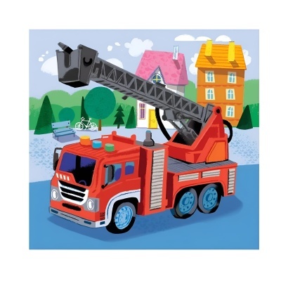 Brinquedo de camião de bombeiros vermelho com escada estendida em fundo ilustrado urbano.