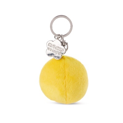 Porta-chaves com pendente amarelo redondo e pendente metálico com texto HOLAND