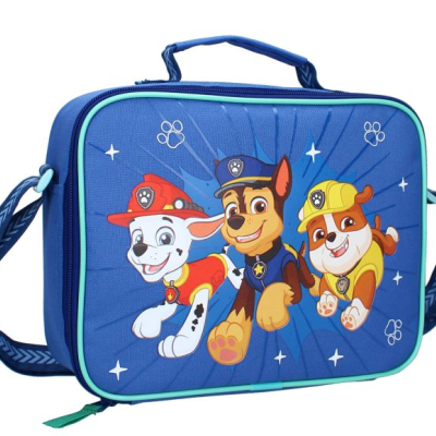 Lancheira azul com personagens da Patrulha Pata em destaque.