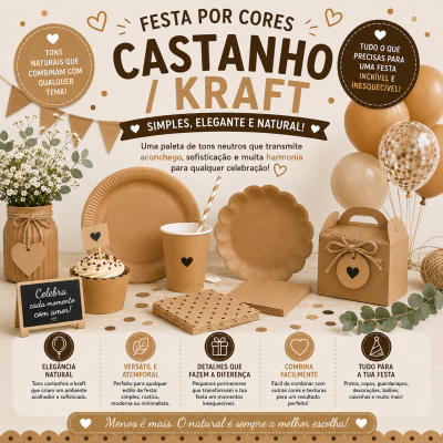 Produtos para festa em tons castanho/kraft com pratos, copos, guardanapos, caixas, flores e balões