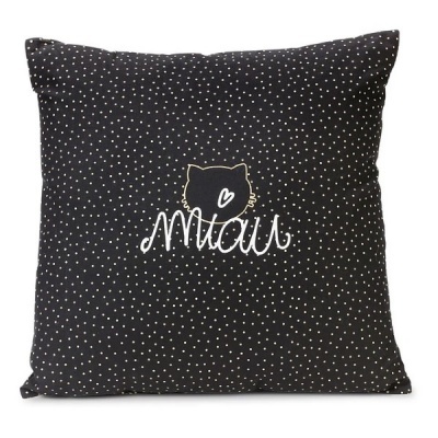 Almofada preta com padrão de pontos brancos e desenho de gato com texto 'Miaus'