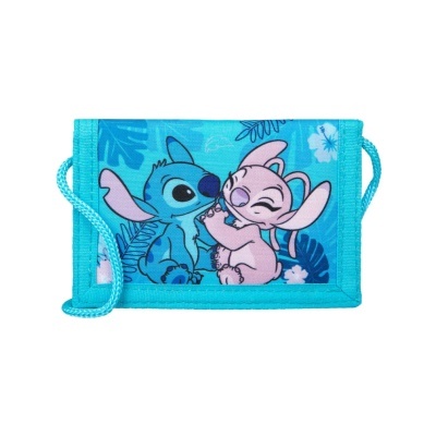 Carteira azul com estampagem Stitch e Angel e alça fina