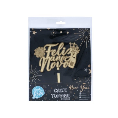 Topo de bolo dourado 'Feliz Ano Novo' em embalagem com decoração de Ano Novo
