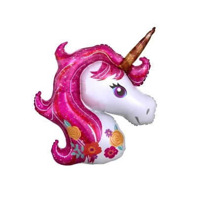 Balão de unicórnio rosa e branco com flores e chifre dourado