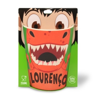 Copo infantil de plástico com design de dinossauro e nome Lourenço