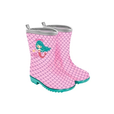 Galochas infantis rosa com estampa de sereia e padrão de escamas