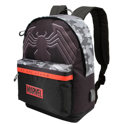 Mochila preta com estampa Venom e detalhes camuflados