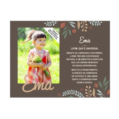 Cartão de nome Ema com foto de menina e texto descritivo em fundo castanho com elementos florais.