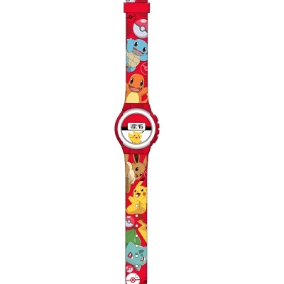 Relógio digital infantil vermelho com personagens Pokémon no bracelete.