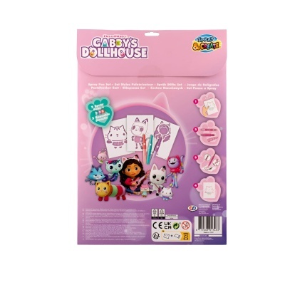 Pacote de material para pintar 'GABBY'S DOLLHOUSE' com personagens de gatos e texto em fundo rosa