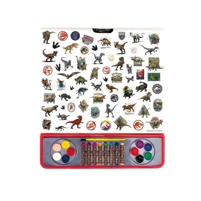 Conjunto de pintura infantil com tema de dinossauros e adesivos coloridos